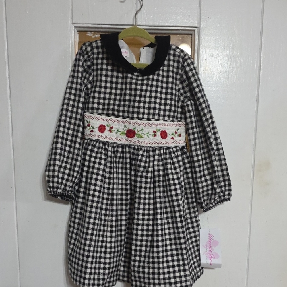 NWT Bonnie Jean Girls Dress Checkered Smocked Roses Ties Zips Holidays Sz 4